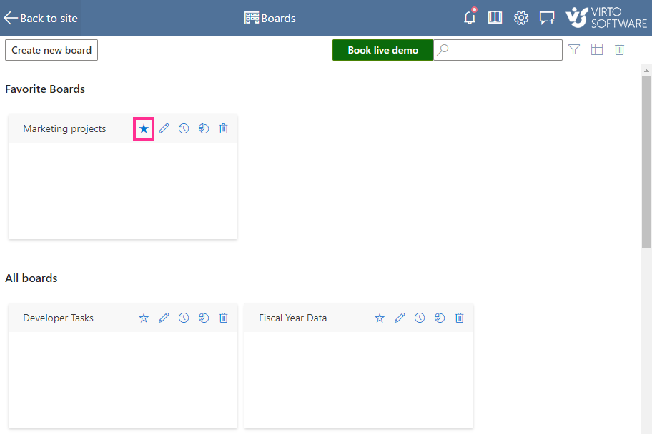 Star icon marking a Virto Kanban board as a favorite in the boards list