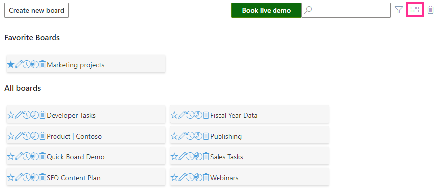 Virto Kanban boards shown as a list using the list view icon in the upper-right corner