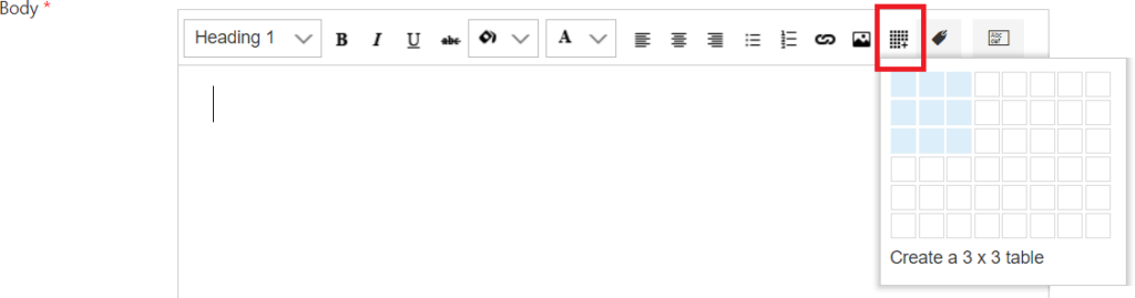 Dialog for choosing the number of table columns and rows in a Virto SharePoint Alert message