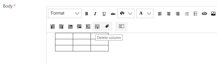 Table inserted into the alert message with buttons to add or delete columns and rows