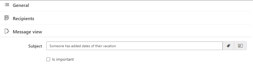 Defining the email subject in the Message view section of a Virto Alert