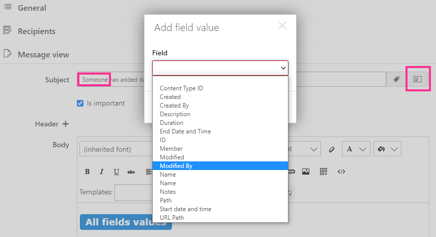 Choosing the Modified By field value to add to a Virto Alert email subject