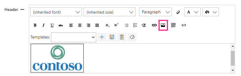 Defining the header and footer of a Virto Alert message, such as adding a logo