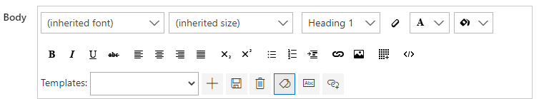 Message body editor toolbar in a Virto Alert with text, font, image, and table tools