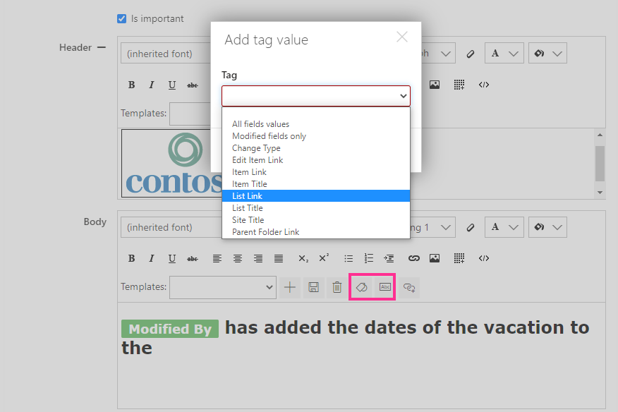 Adding the Modified By field value and List Link tag into a Virto Alert message body