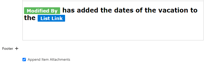 Append Item Attachments checkbox for including list item attachments in a Virto Alert