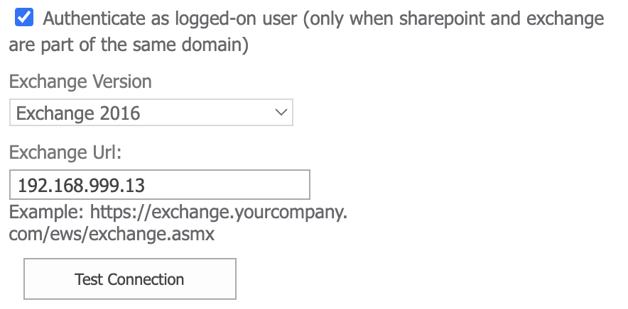 Exchange Calendar data source settings with version, server URL, and Test Connection in Virto Calendar