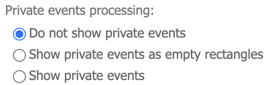 Private events processing options for the Exchange data source in Virto Calendar settings