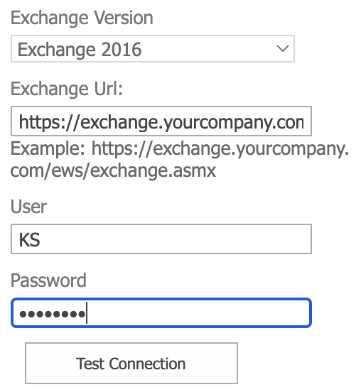 Entering Exchange Server login and password to connect across domains in Virto Calendar data source settings