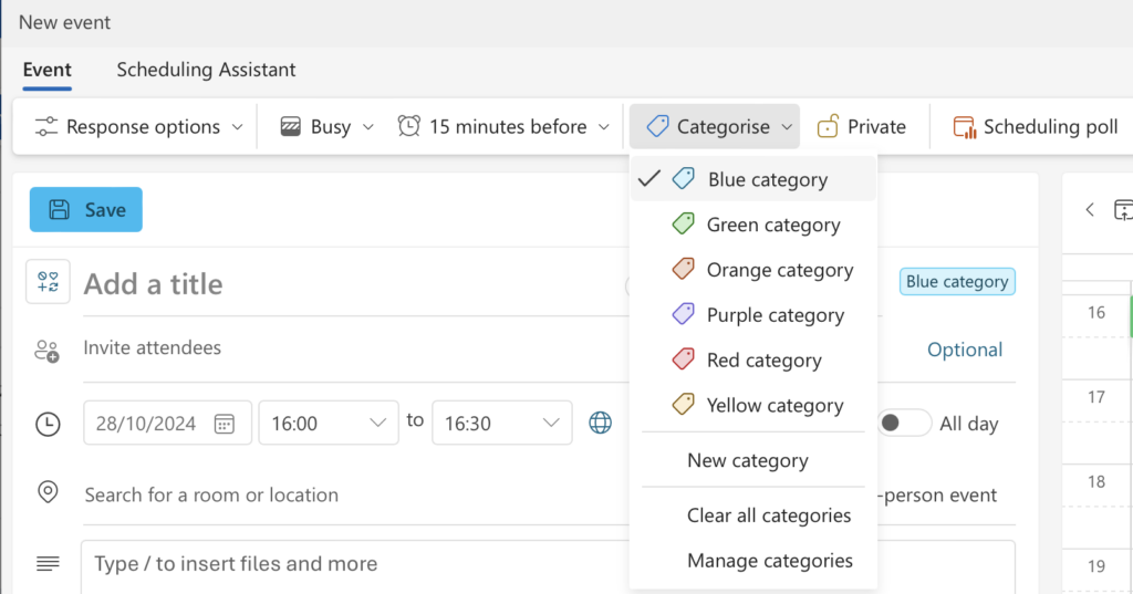 Blue Category assigned to an appointment in Microsoft Exchange