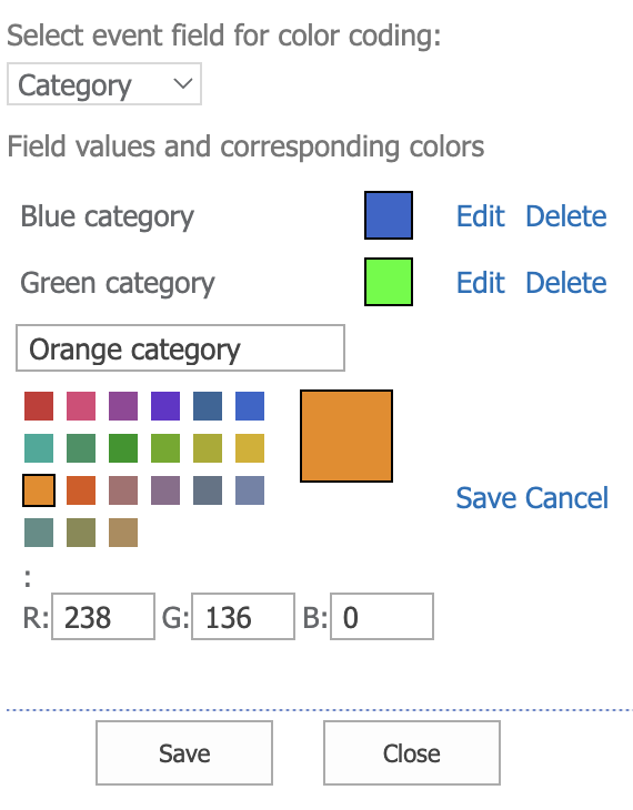 Multiple Exchange categories with custom colors configured for Virto Calendar color-coding