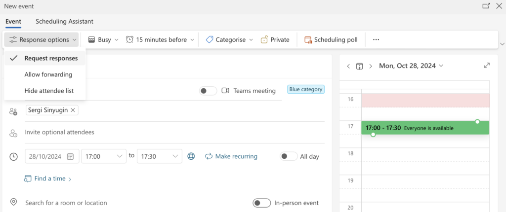 Exchange appointment requesting a response shown in the Virto Calendar for accept or decline