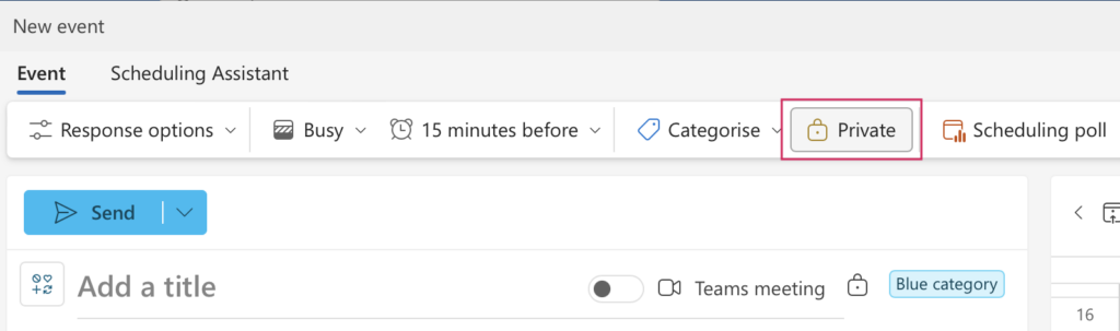 Private checkbox enabled in the details of a private Exchange calendar event