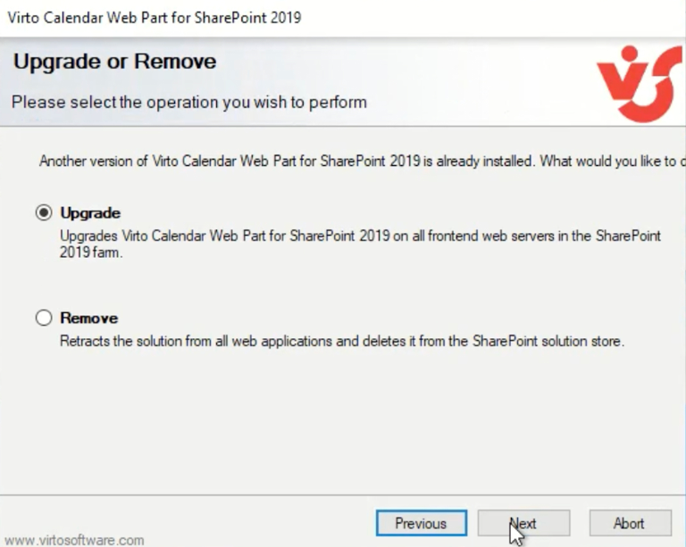 Selecting the Upgrade option in the Virto Calendar setup wizard before clicking Next