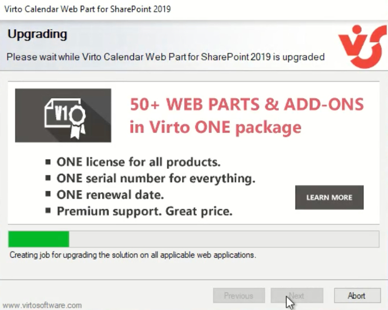 Virto Calendar web part upgrade progress in the setup wizard