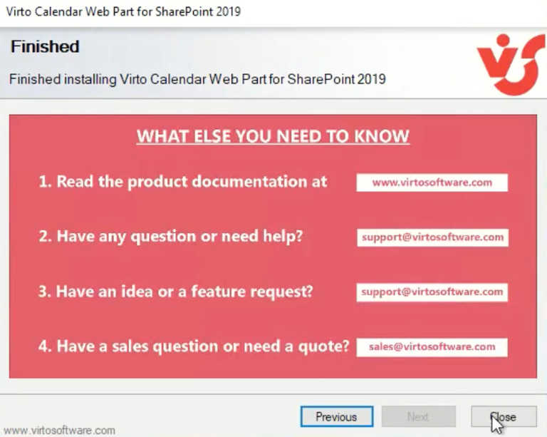 Final upgrade screen with the Close button to finish the Virto Calendar upgrade