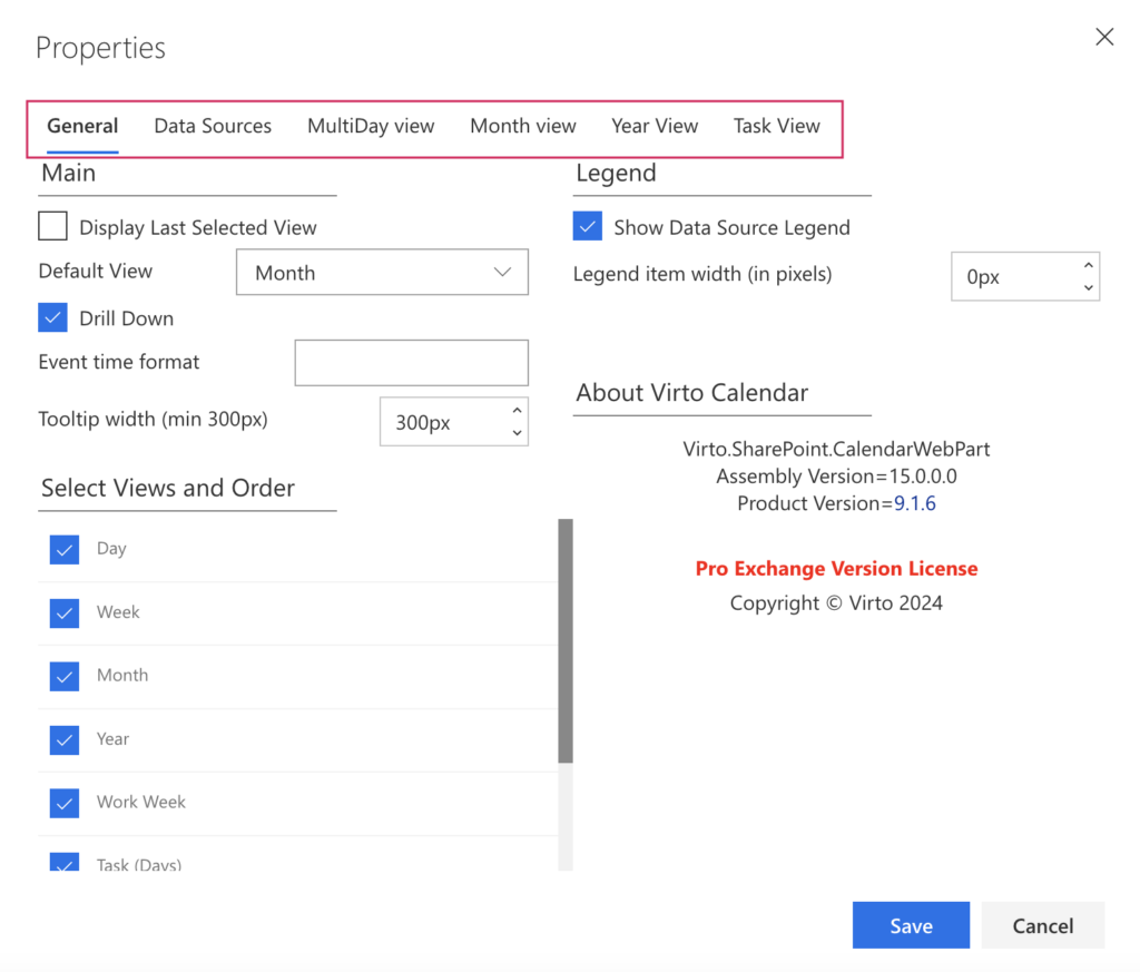 Virto Calendar settings panel in the SharePoint modern experience
