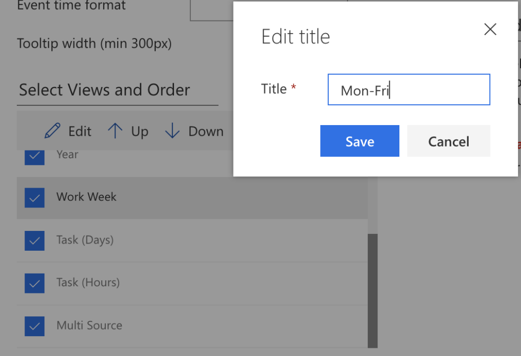 Editing a view name with the Edit icon in the Virto Calendar modern settings