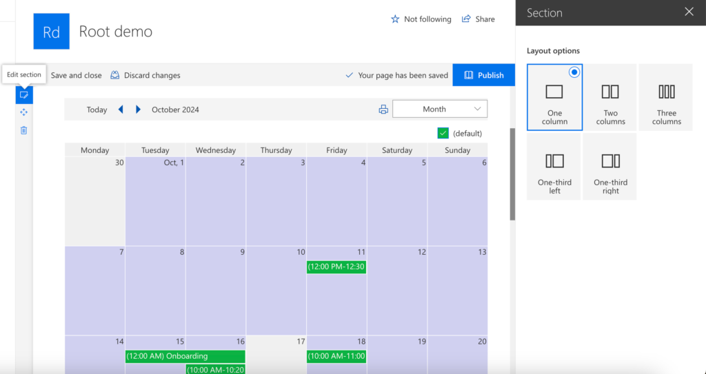 Edit section icon used to choose a layout for the Virto Calendar in SharePoint modern experience
