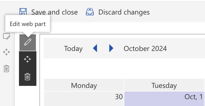 Edit web part icon that opens the Virto Calendar settings in the modern experience
