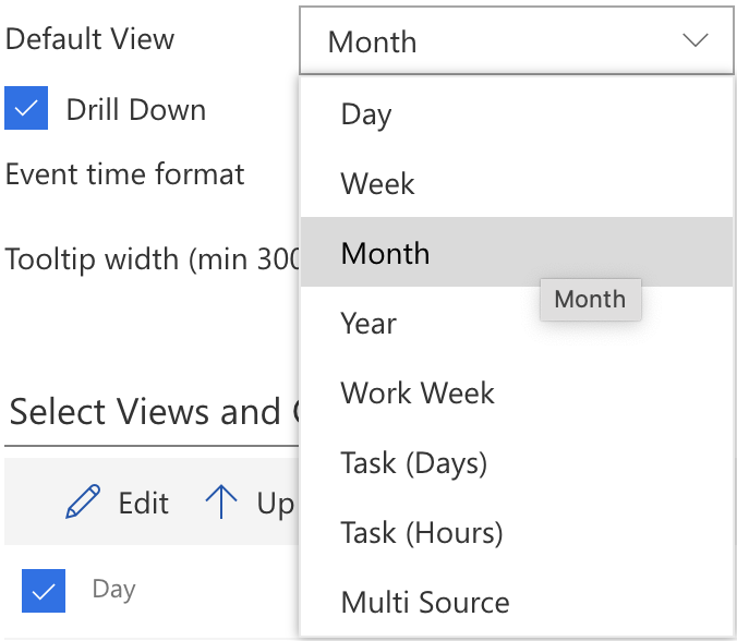 Renaming a calendar view with the Edit icon in the Virto Calendar modern settings
