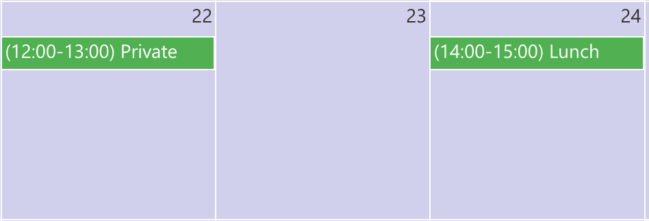 Calendar events showing the applied custom time format in the Virto Calendar