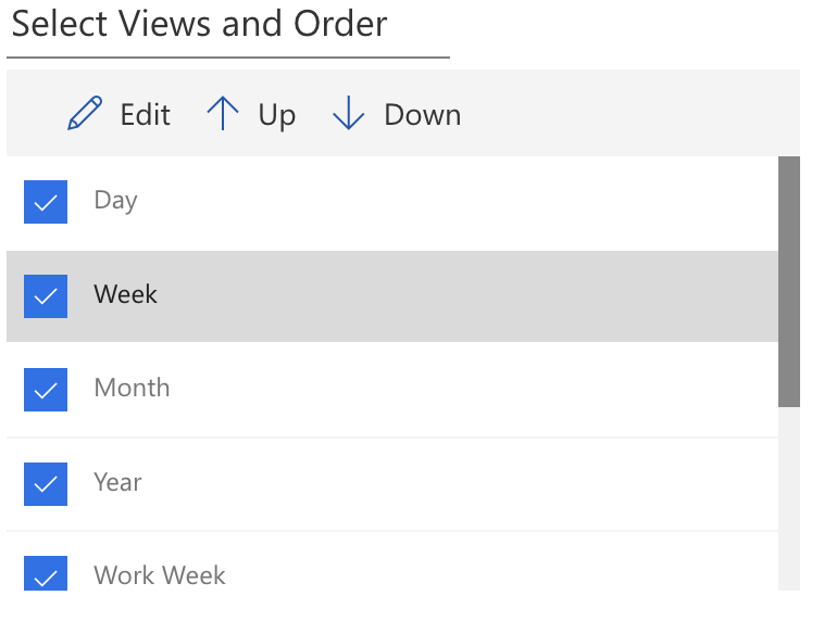 Select Views and Order with Up and Down arrows to reorder views in Virto Calendar