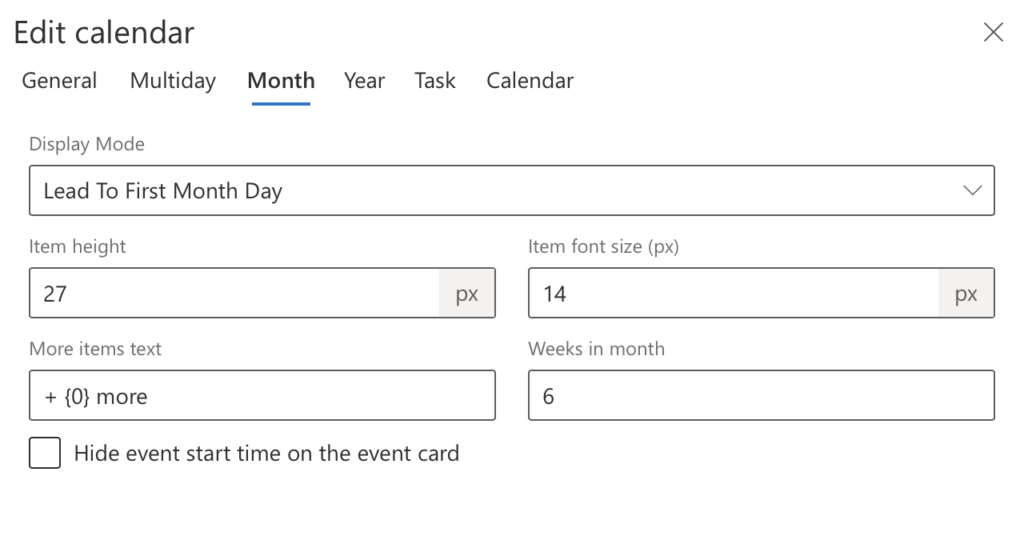 Month tab in Virto Calendar settings for display mode, item height, font size, and weeks per month