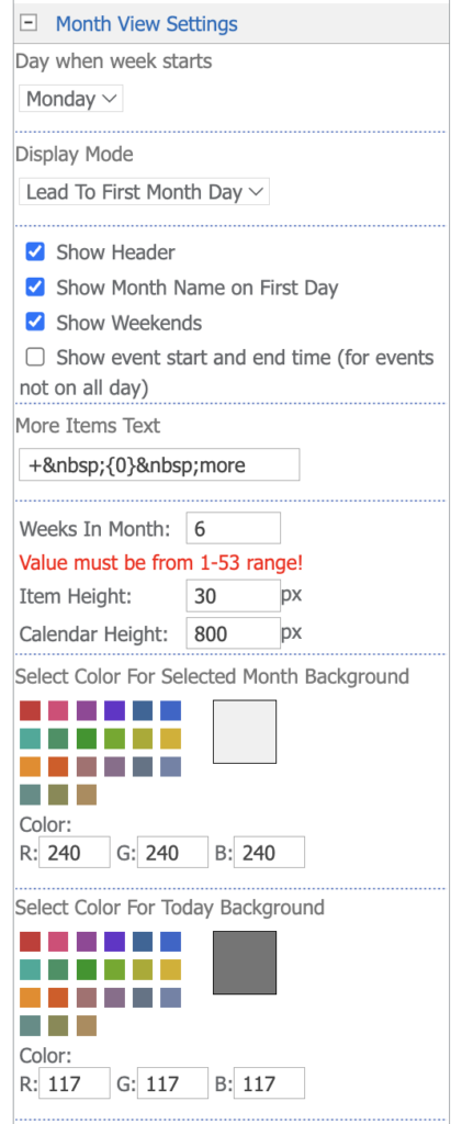 Month view settings panel for the Virto Calendar web part