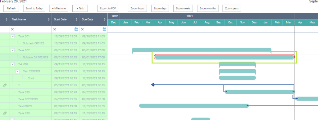 Dragging a task bar in Virto Gantt Chart Web Part to change its start and end dates