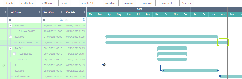Dragging a task bar tip in Virto Gantt Chart Web Part to shorten or extend the task duration
