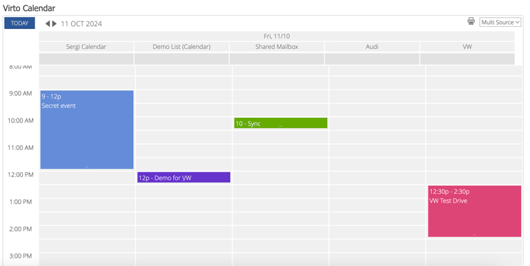 Virto Calendar Multi-Source view showing a day's events grouped by source