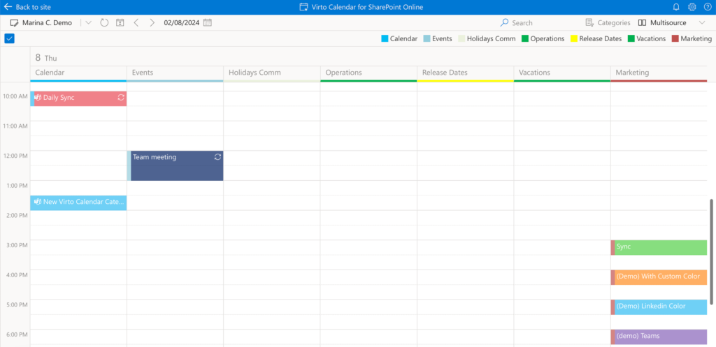 Multi source view in Virto Calendar App showing a day's events grouped by their data source