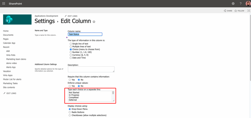 Choices area of the SharePoint Choice column listing board column values one per line