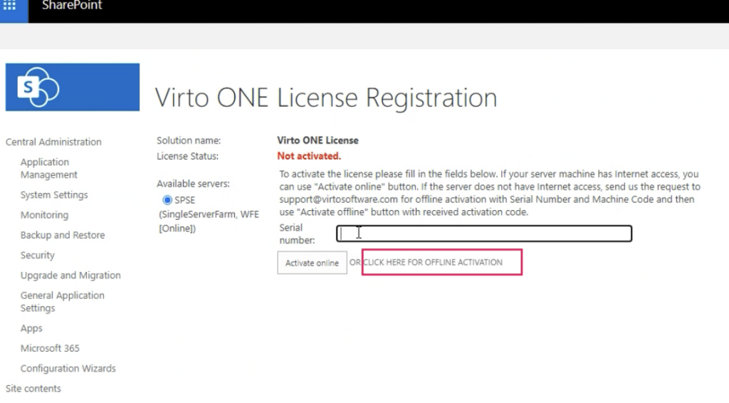 Offline activation button on the Virto ONE License activation screen