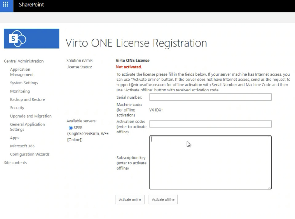 Virto ONE License offline activation screen showing the serial number and machine code to send to support
