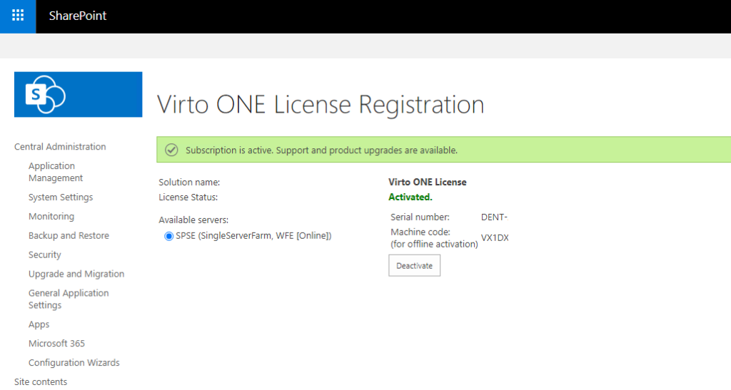 Entering the activation code and subscription key, then clicking Activate offline in Virto ONE License