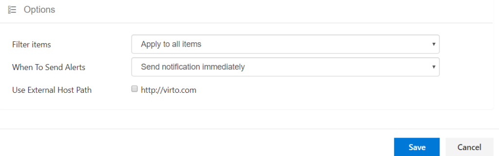 Options tab with custom schedule conditions and External host path field in Virto SharePoint Alerts