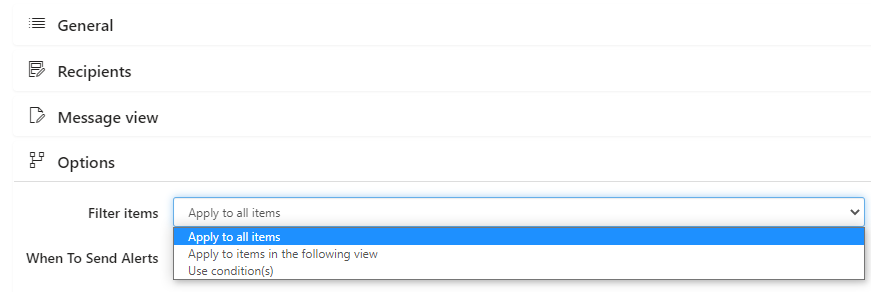 Options section of a Virto Alert with the choice to filter items before sending