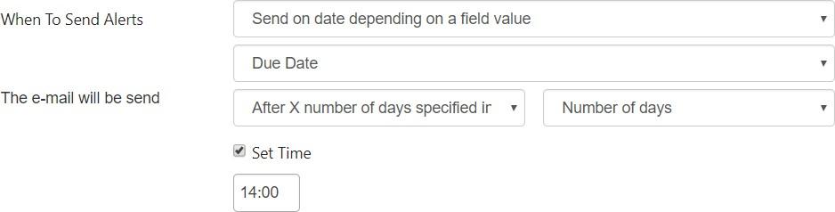After X number of days option using a custom number field relative to the Due Date in Virto SharePoint Alerts