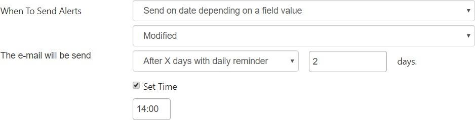 Daily reminder schedule set to 14:00 for 2 and 1 days after an event was modified in Virto SharePoint Alerts