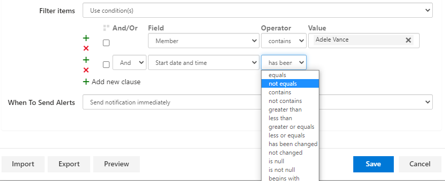 Use conditions option for building a custom rule that controls when a Virto Alert is sent