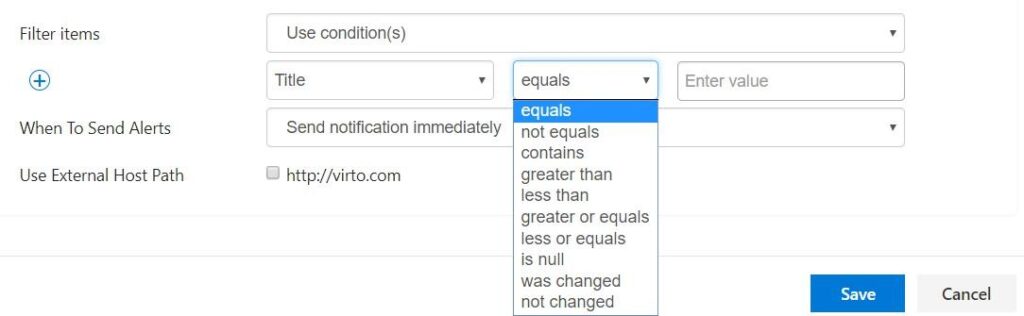 Condition using the was changed or not changed operator to track a list field in Virto SharePoint Alerts