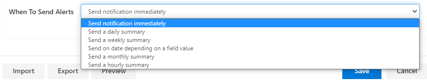 Choosing when to send the Virto Alert: immediately or as a daily or weekly summary schedule