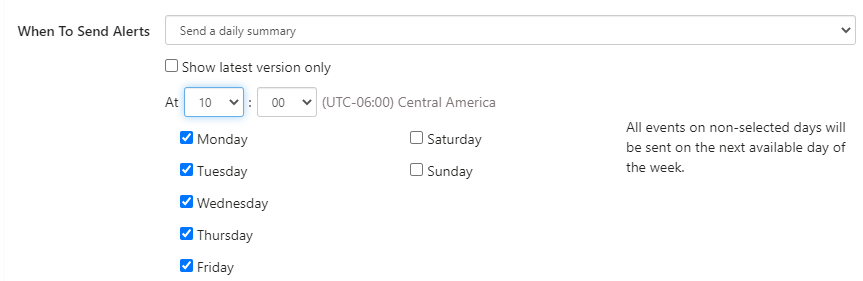 Setting the time and days for a daily summary Virto Alert from the drop-down lists