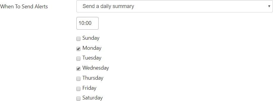 Daily summary schedule set to 10:00 on Mondays and Wednesdays in Virto SharePoint Alerts