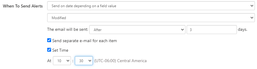 Send on date depending on a field value option for scheduling a Virto Alert relative to a date field