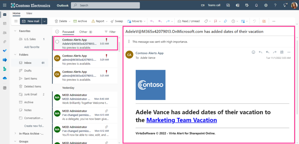 The resulting Virto Alert email as it appears when opened in Microsoft Outlook