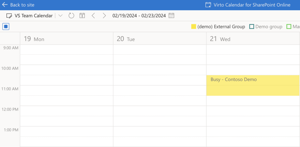 Virto calendar showing Outlook group events as a separate, toggleable calendar view