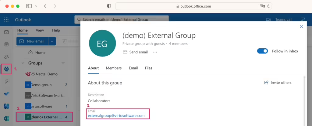 Locating an Outlook group under Groups in the left pane and copying its email address